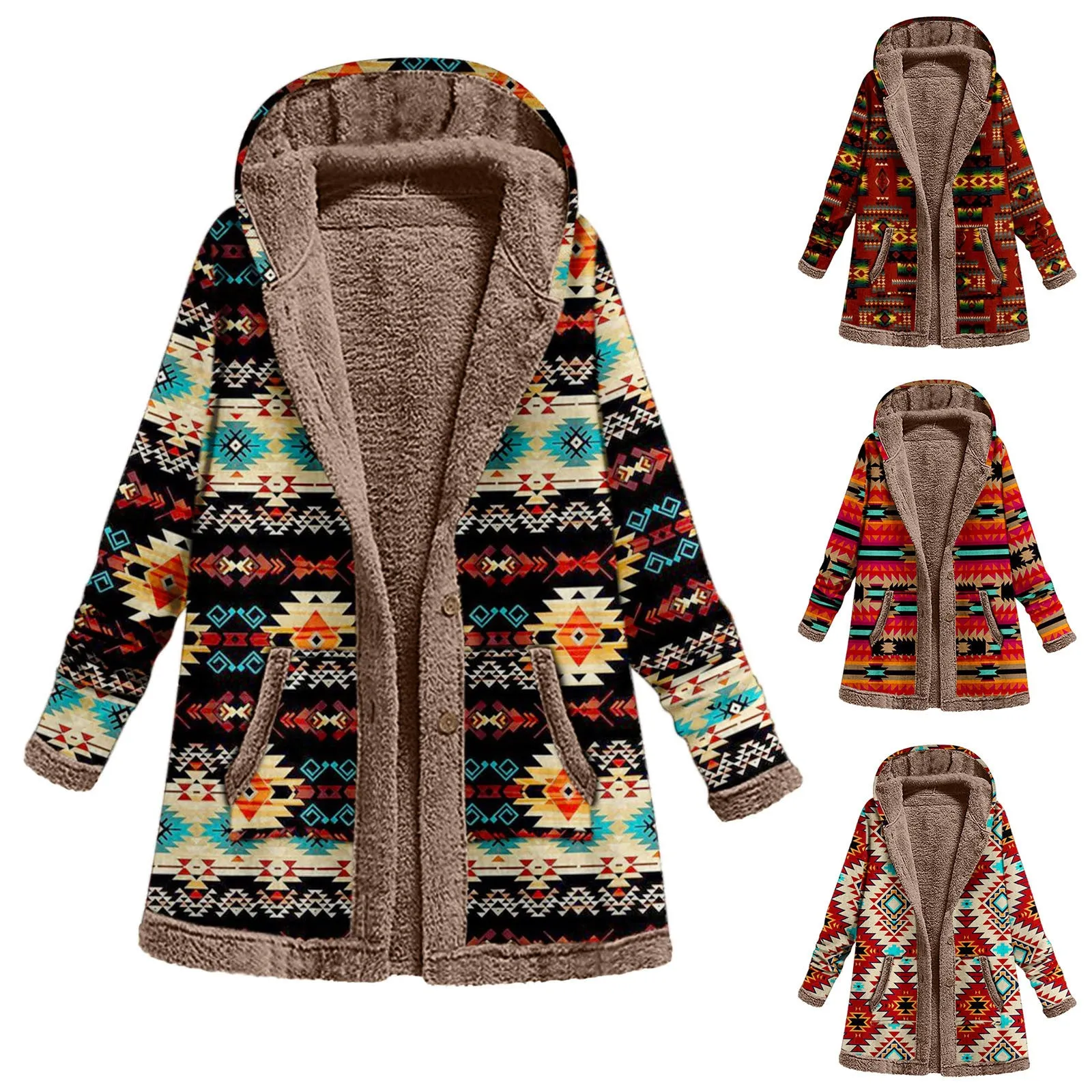 Women Winter Warm Coat Casual Patchwork Female Long Sleeve Hooded Outwear Fashion Streetwear Lady Clothes Loose Boho Jacket