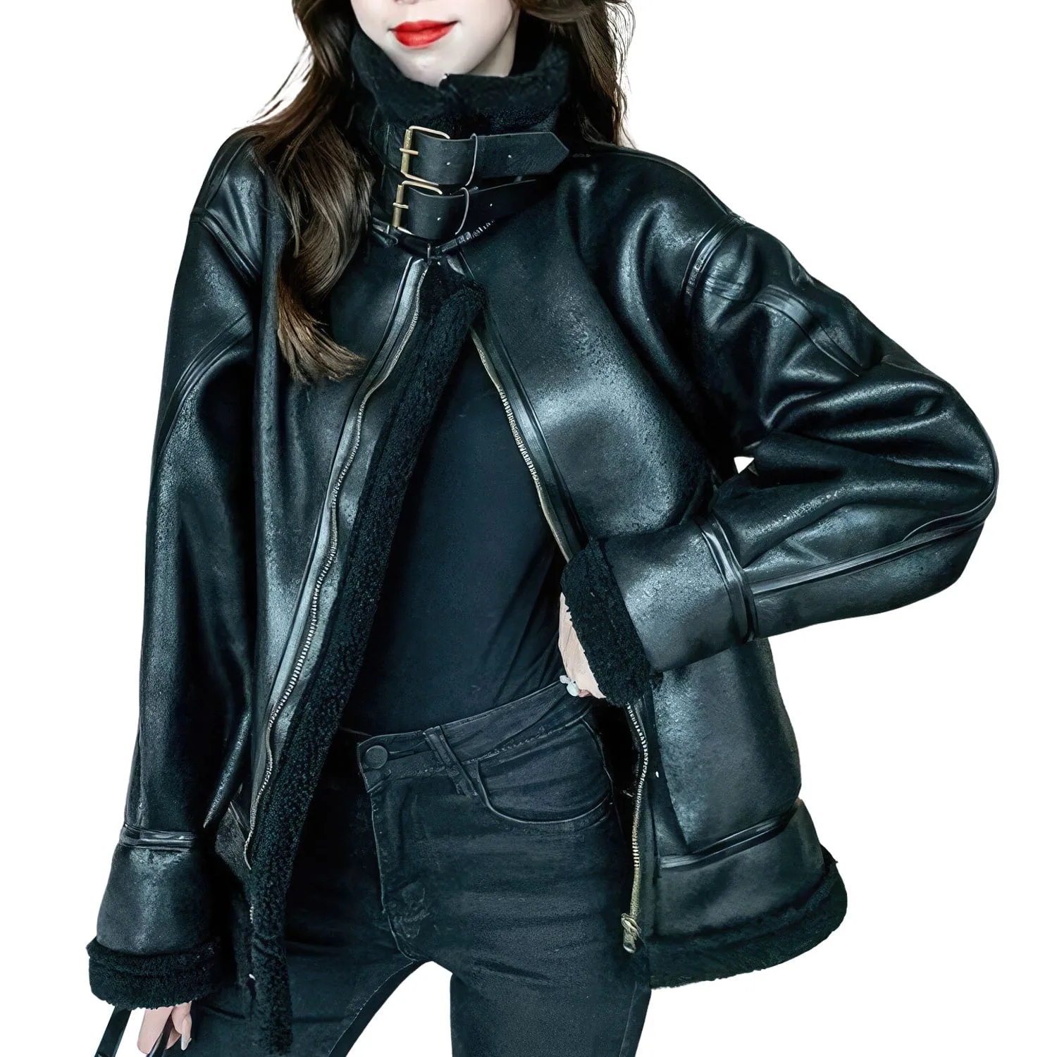 Women’s Black Aviator Genuine Sheepskin Jacket