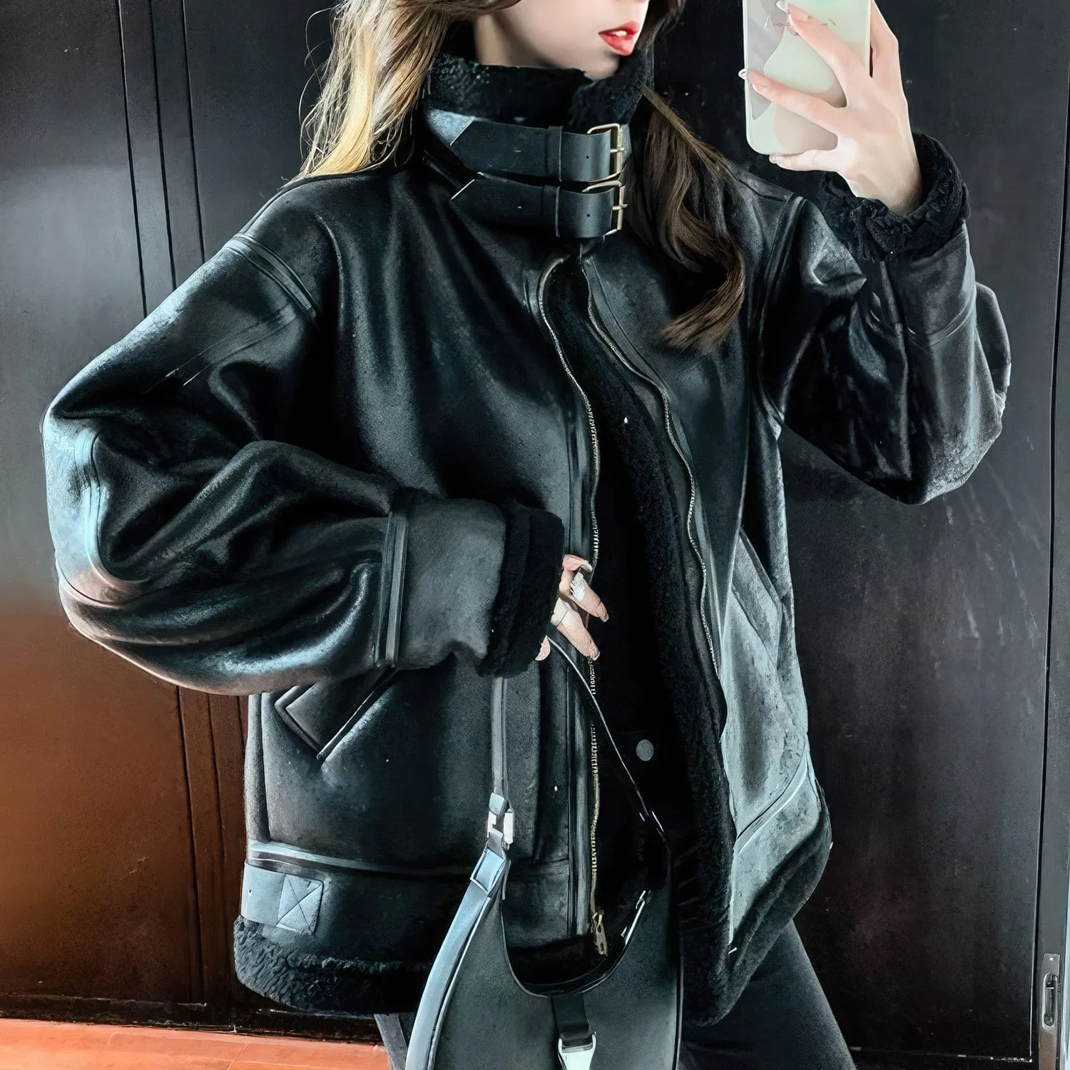 Women’s Black Aviator Genuine Sheepskin Jacket
