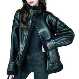 Women’s Black Aviator Genuine Sheepskin Jacket