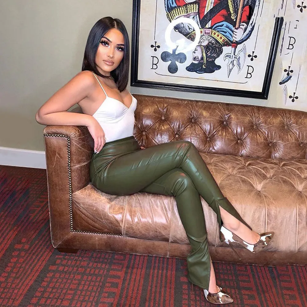 Women's High Waist Stretch Flanging Leather Female Sexy Slim Fit Skinny Pants