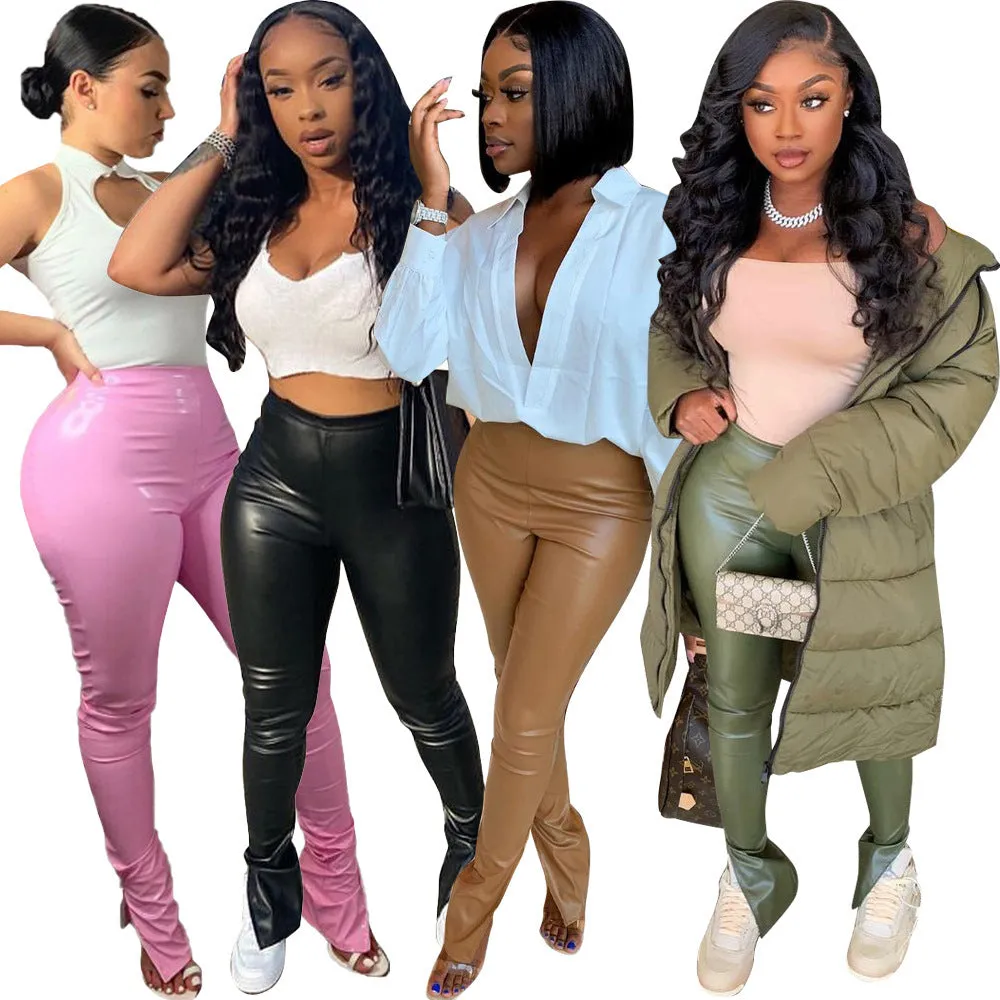 Women's High Waist Stretch Flanging Leather Female Sexy Slim Fit Skinny Pants