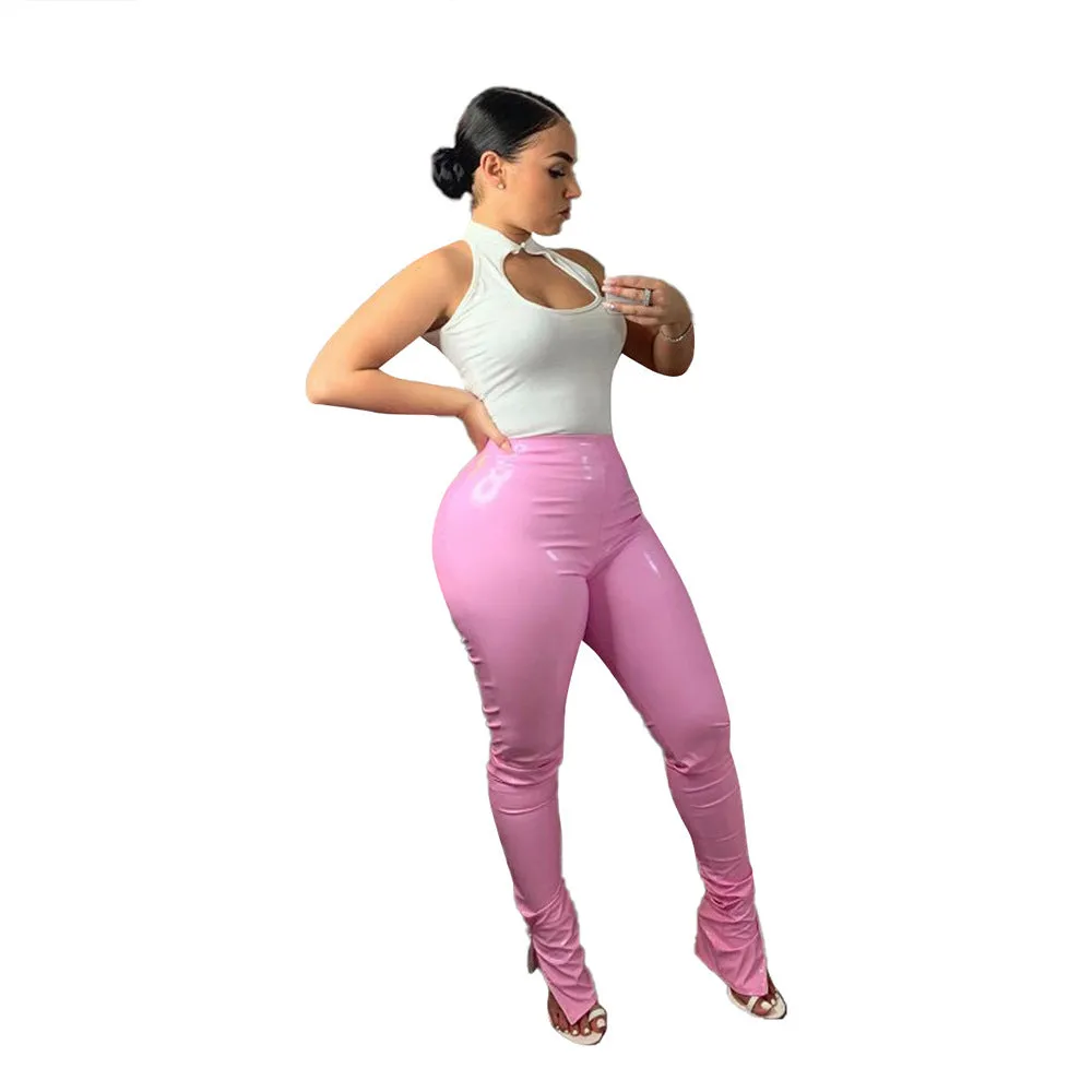 Women's High Waist Stretch Flanging Leather Female Sexy Slim Fit Skinny Pants
