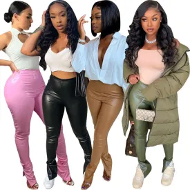 Women's High Waist Stretch Flanging Leather Female Sexy Slim Fit Skinny Pants