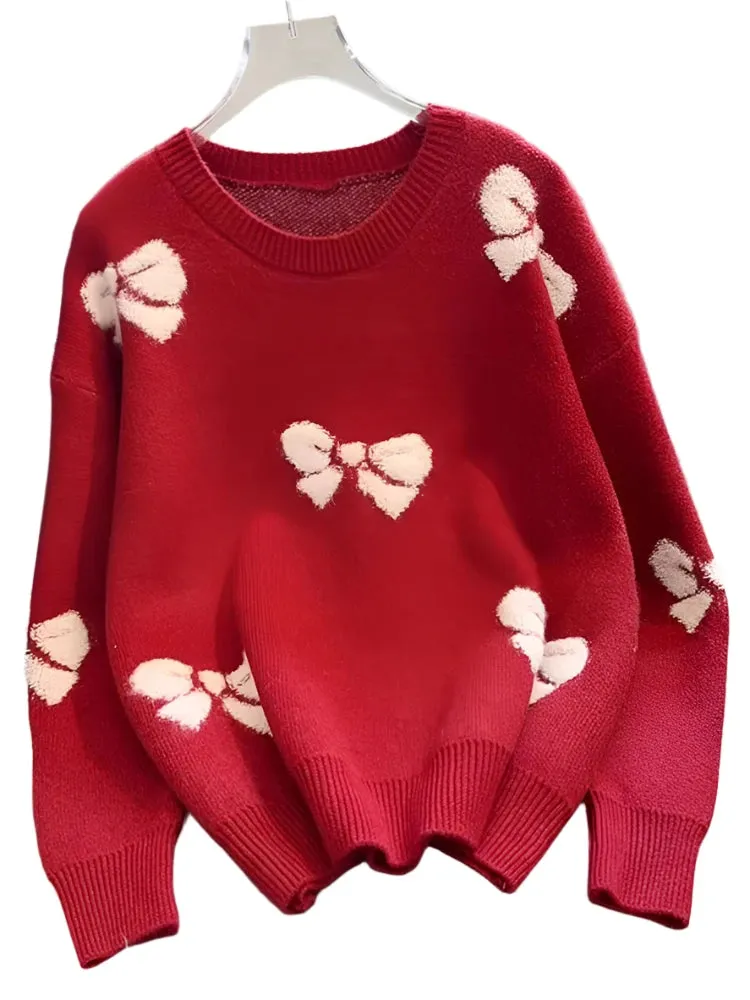 Women's Red Christmas Sweater - Loose Fit Knitted Pullover, Bow Detail, Korean Fashion Long Sleeve Kawaii Jumper