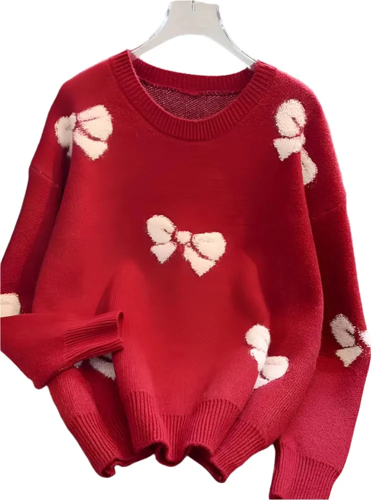 Women's Red Christmas Sweater - Loose Fit Knitted Pullover, Bow Detail, Korean Fashion Long Sleeve Kawaii Jumper