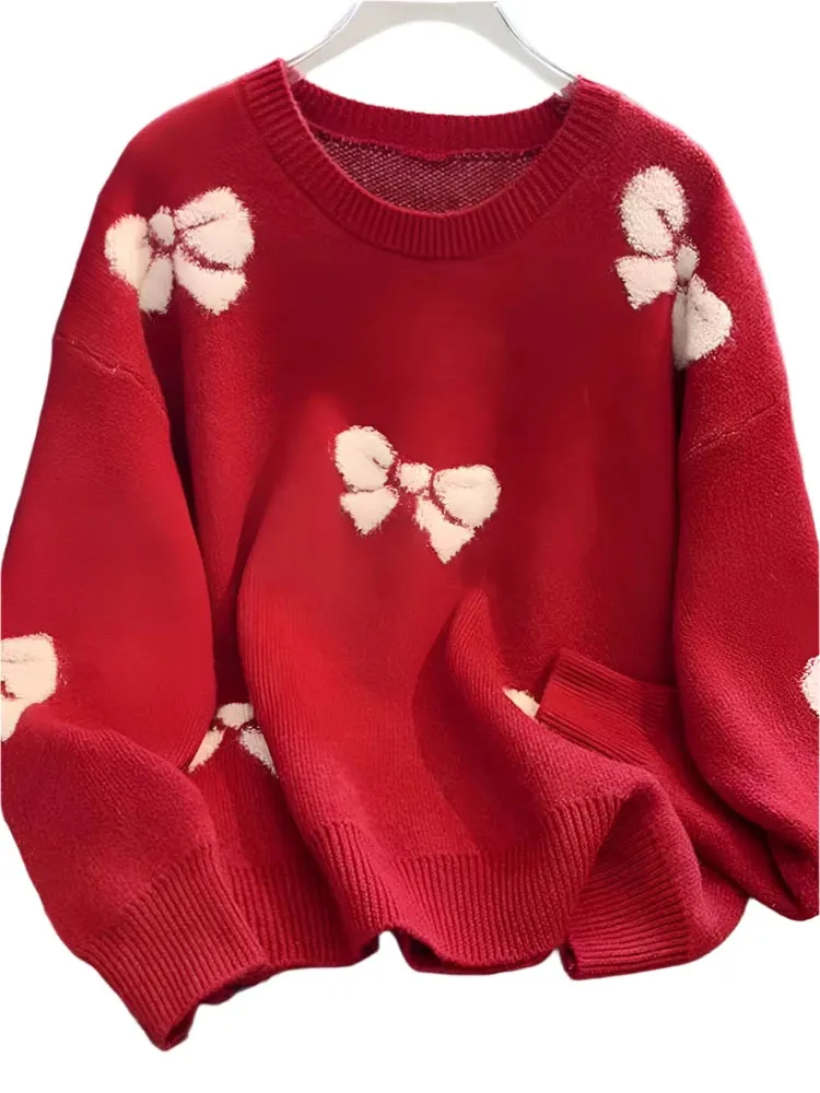 Women's Red Christmas Sweater - Loose Fit Knitted Pullover, Bow Detail, Korean Fashion Long Sleeve Kawaii Jumper