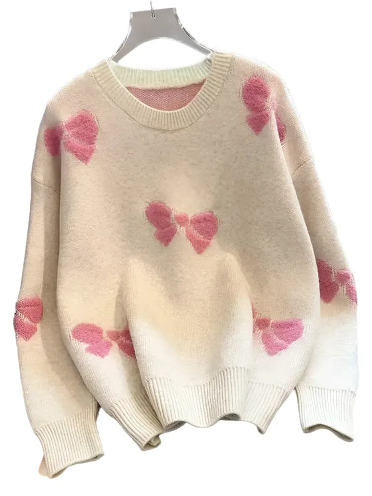 Women's Red Christmas Sweater - Loose Fit Knitted Pullover, Bow Detail, Korean Fashion Long Sleeve Kawaii Jumper