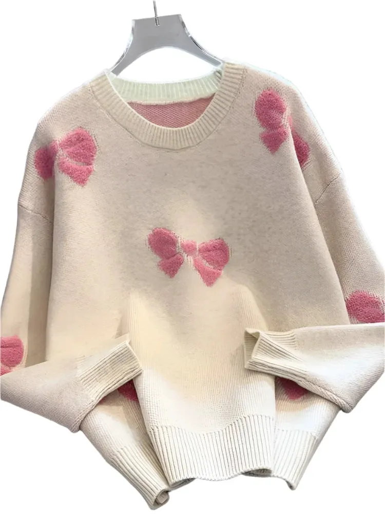 Women's Red Christmas Sweater - Loose Fit Knitted Pullover, Bow Detail, Korean Fashion Long Sleeve Kawaii Jumper